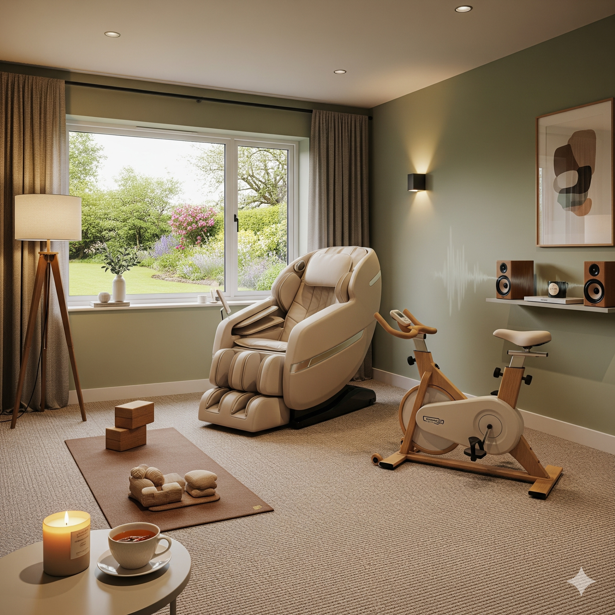 Downtime Gyms Cozy wellness room with a massage chair, exercise bike, and views of a garden.