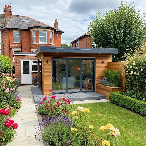Garden Annex Modern garden room with wooden facade, surrounded by well-maintained flowers and greenery.