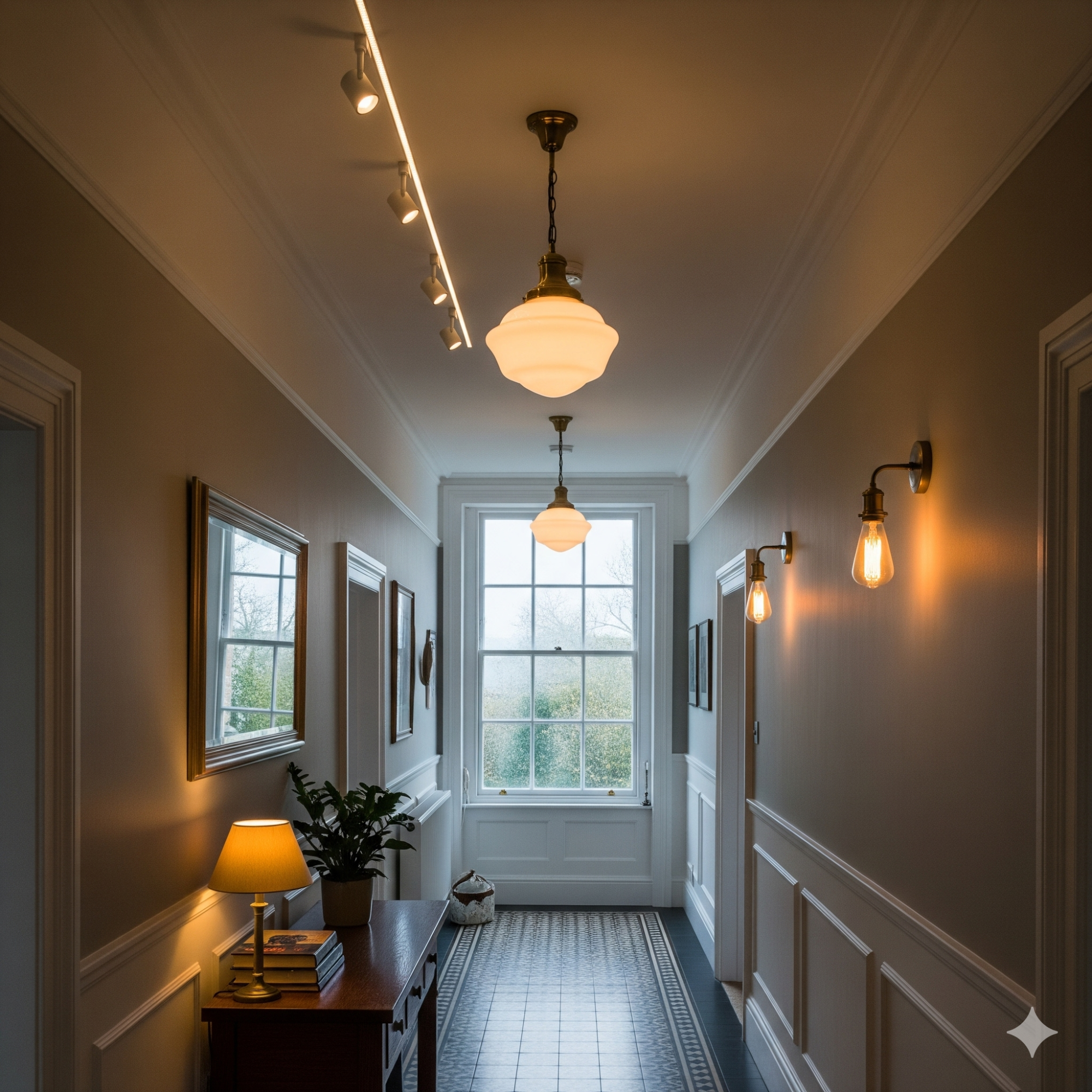 Layered Lighting A well-lit corridor with pendant lights, a lamp, and framed artwork on the walls.