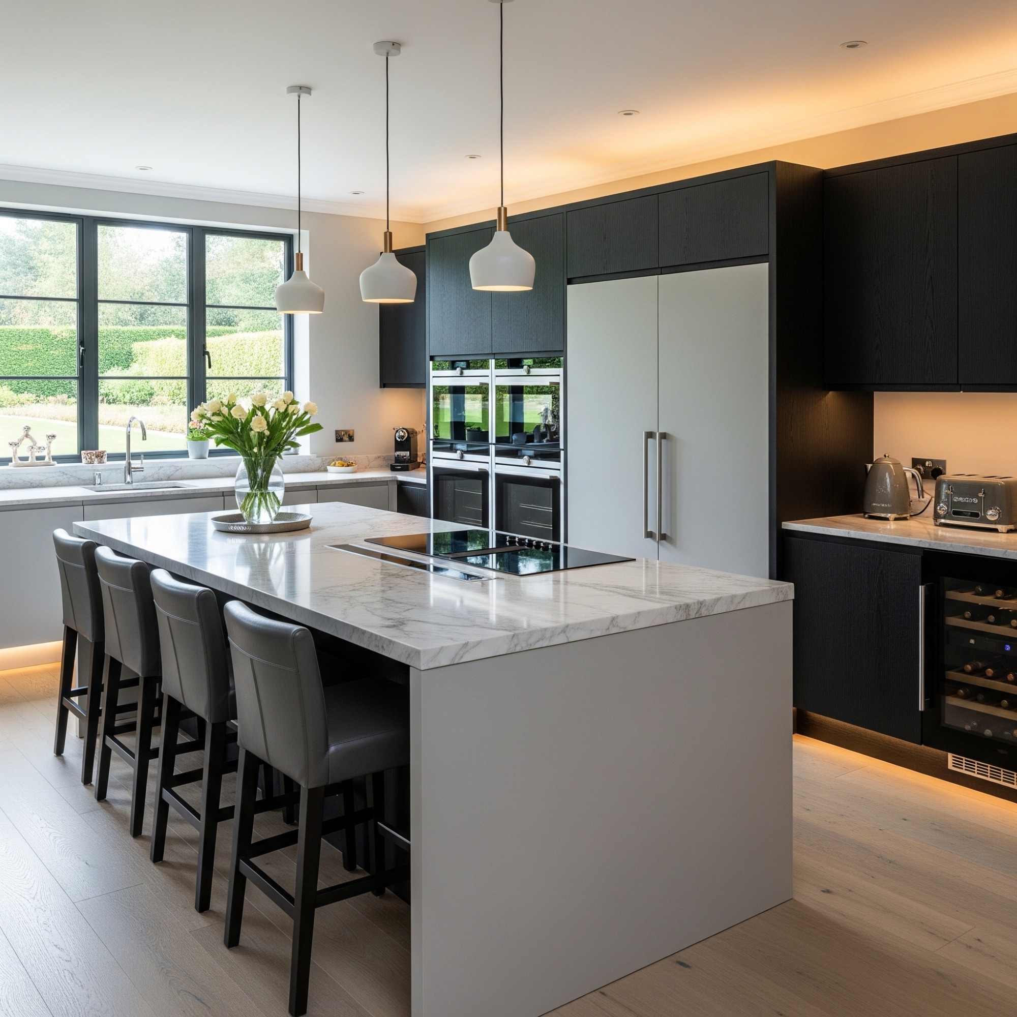 Modern Style Modern kitchen with a large island, sleek cabinets, and natural light from large windows.