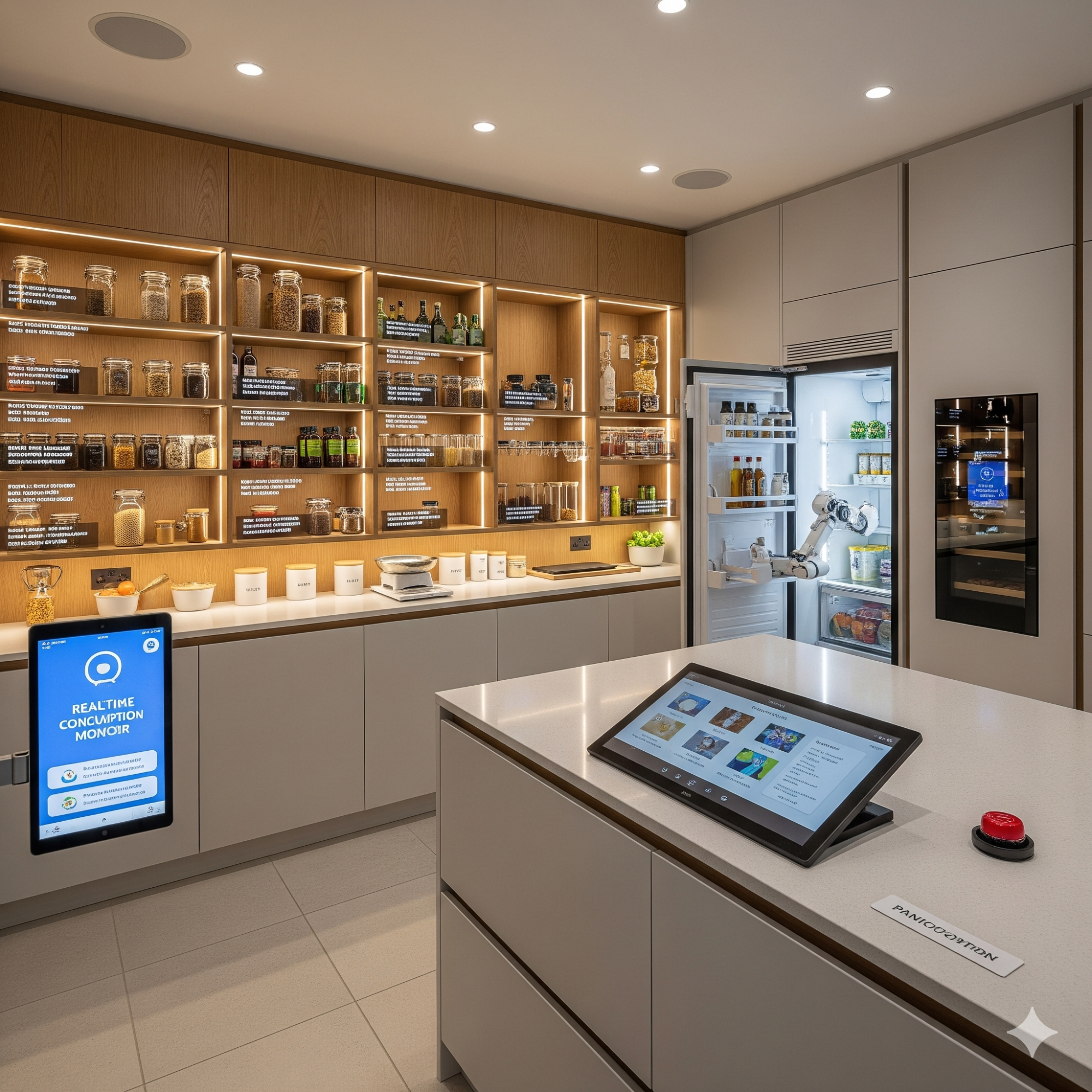 Smart Technology Modern kitchen display with shelves of jars, a fridge, and a touchscreen panel.