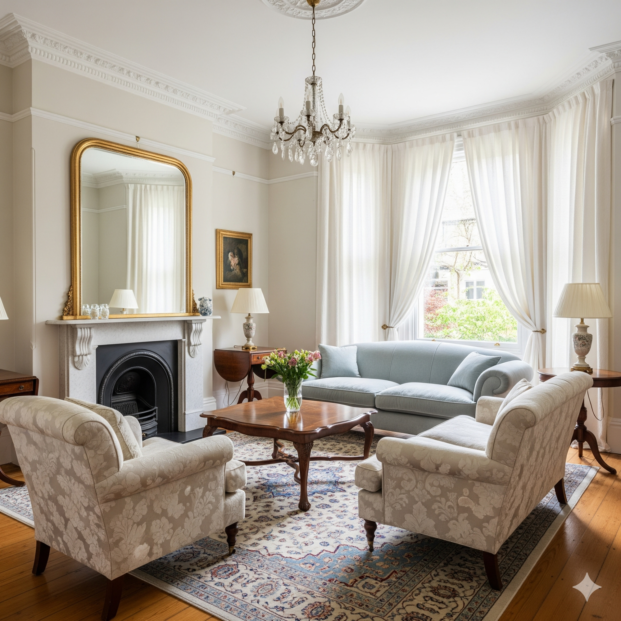 Classic & Elegant A spacious living room with a blue sofa, two armchairs, a coffee table, and a chandelier.