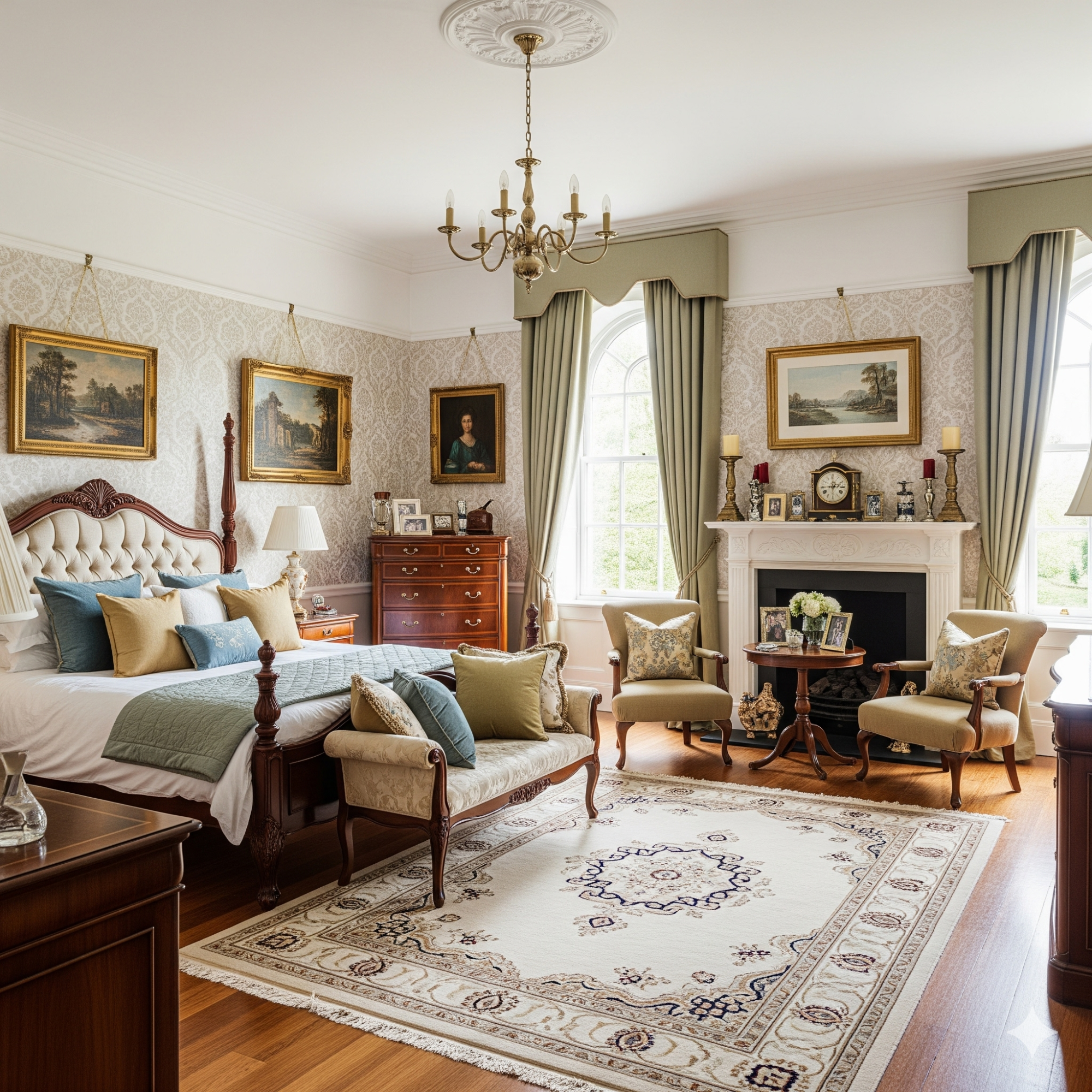 Classic & Traditional A spacious, elegantly decorated bedroom with a fireplace and vintage furniture.