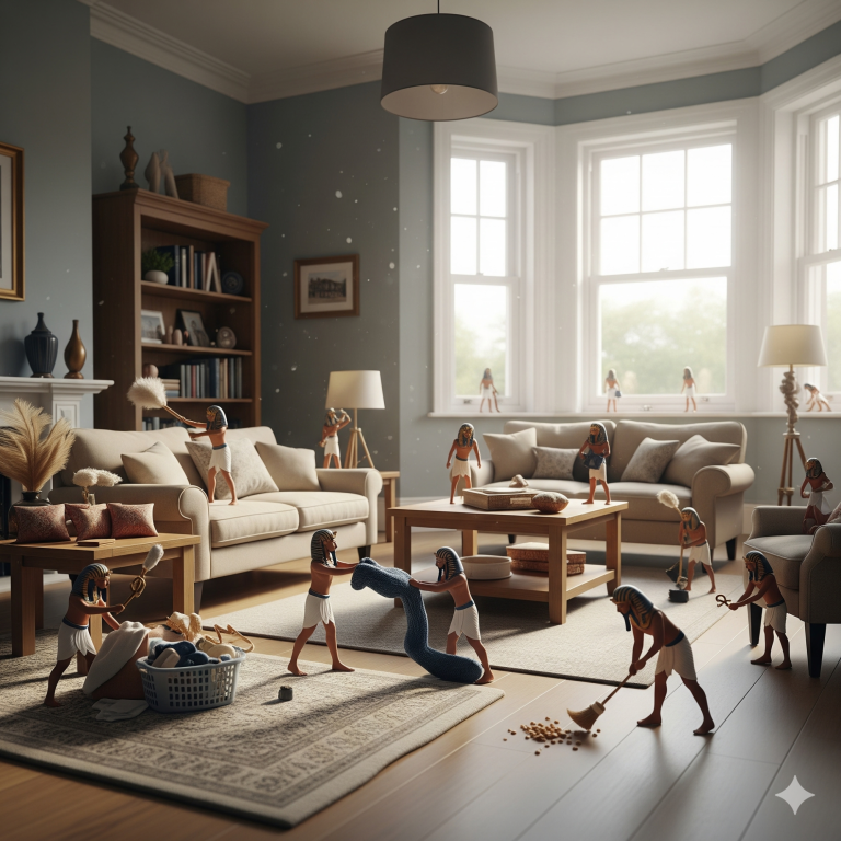 UK home Bright & Airy Living Room Tiny figures in ancient attire organising a pantry, with a cat observing from a chair.