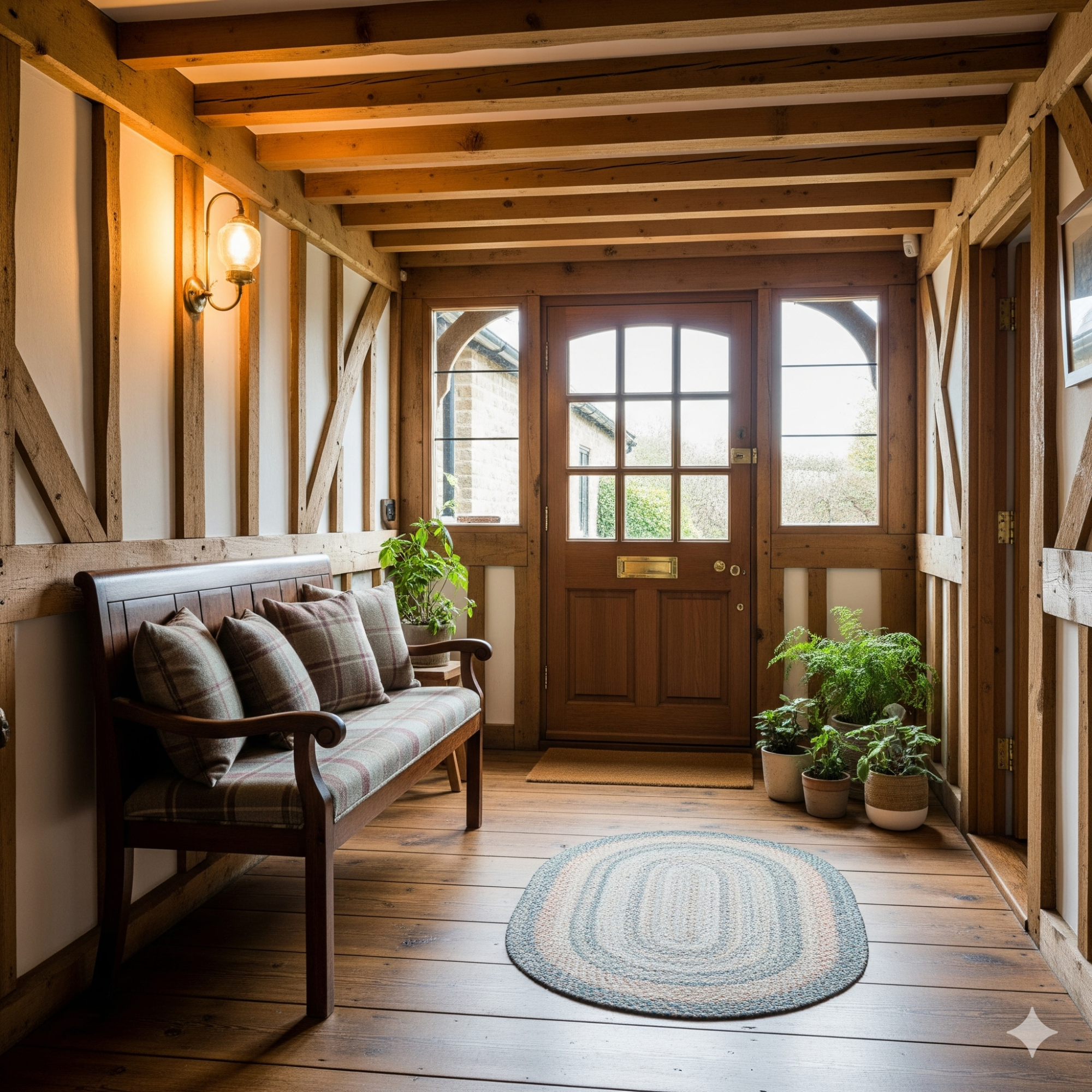 Traditional Timber A welcoming entrance hall with a wooden bench, potted plants, and a door.
