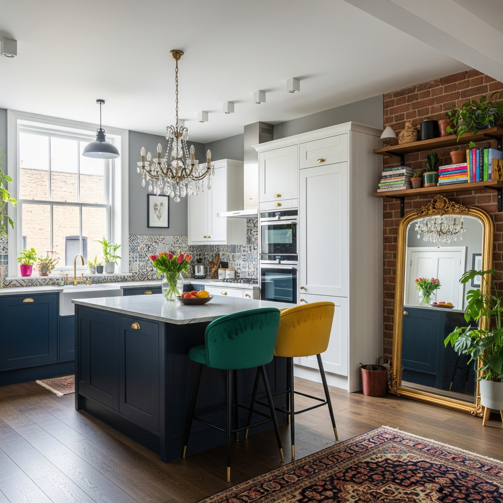 Eclectic style Modern kitchen with an island, stylish decor, plants, and a chandelier overhead.