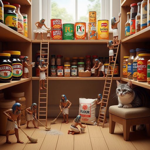 UK home Pantry Room Tiny figures in ancient attire organising a pantry, with a cat observing from a chair.