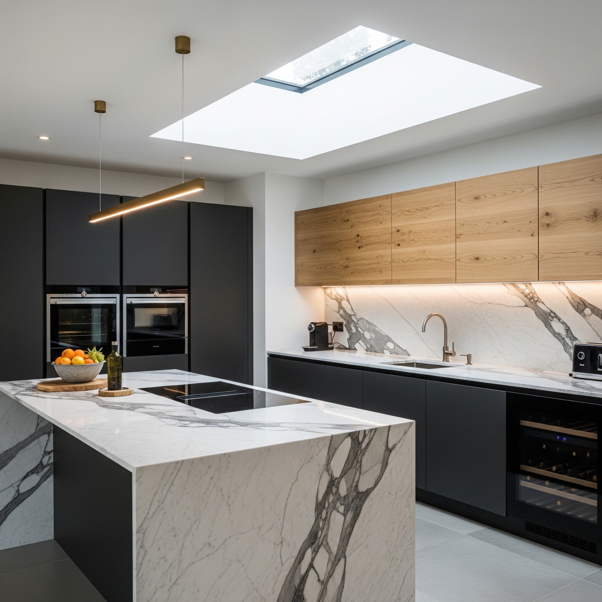 Contemporary Style Modern kitchen with a marble island, sleek black cabinetry, and wooden accents.