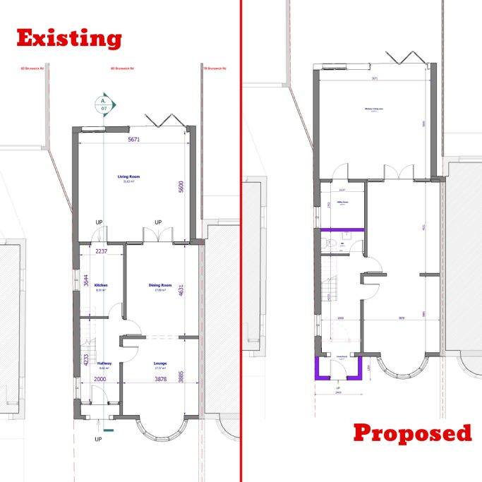 Existing and proposed ground floor plan Comparison of existing and proposed floor plans, highlighting layout changes.