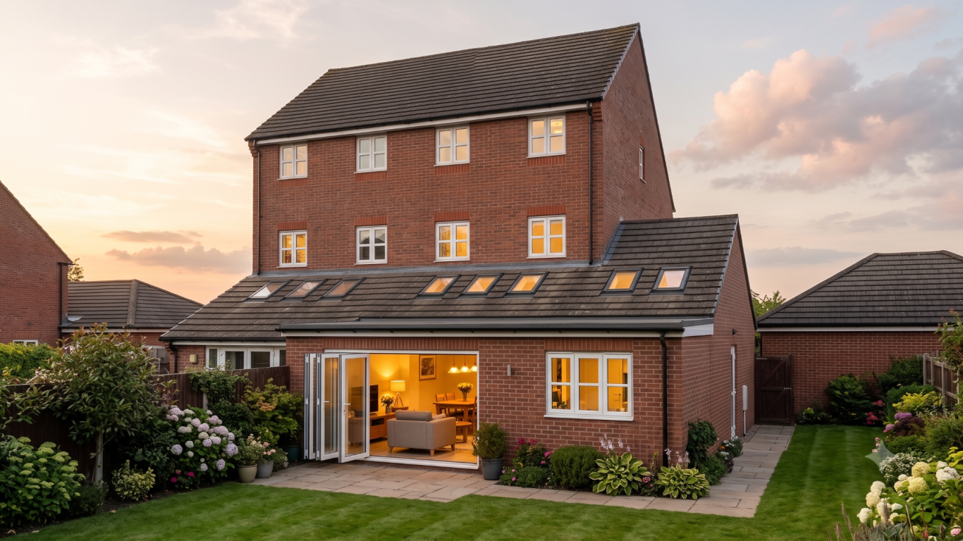 UK house out-building Modern glass-fronted extension with a wooden frame, set against a cloudy sky.
