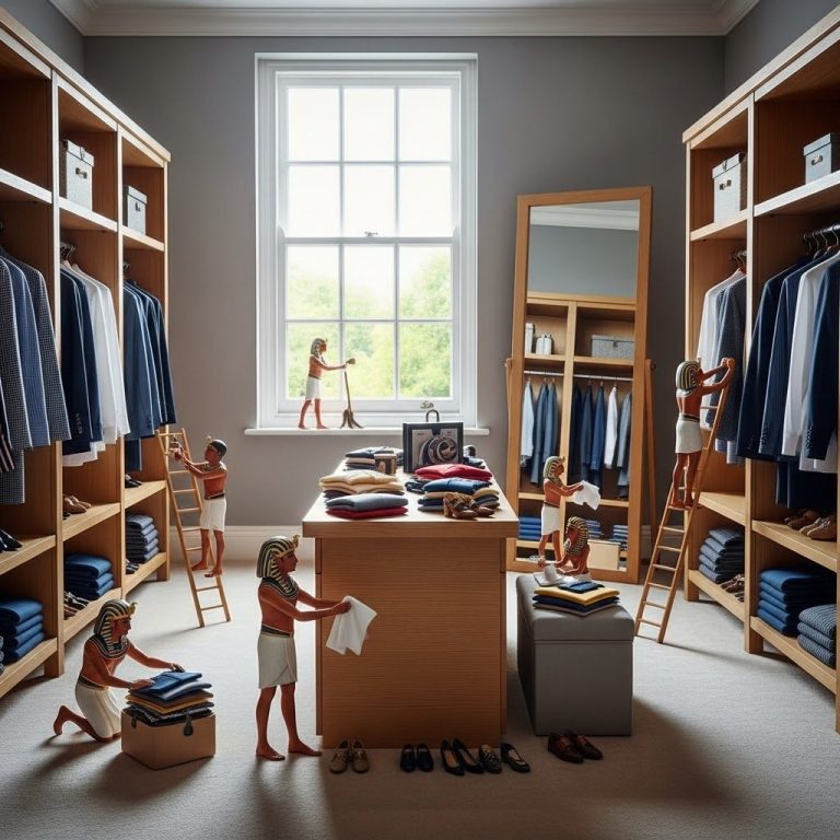 UK Dressing Room A tidy closet with miniature figures organising clothes and a desk.