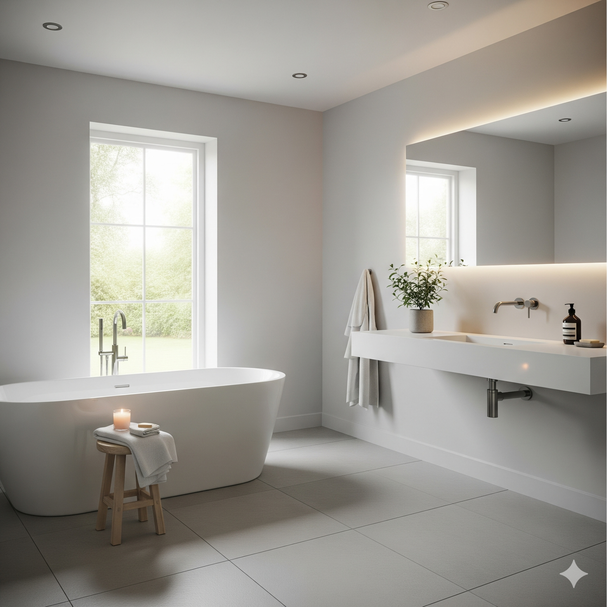 Modern Minimalist Modern bathroom with a freestanding bath, sink, and natural light from large windows.