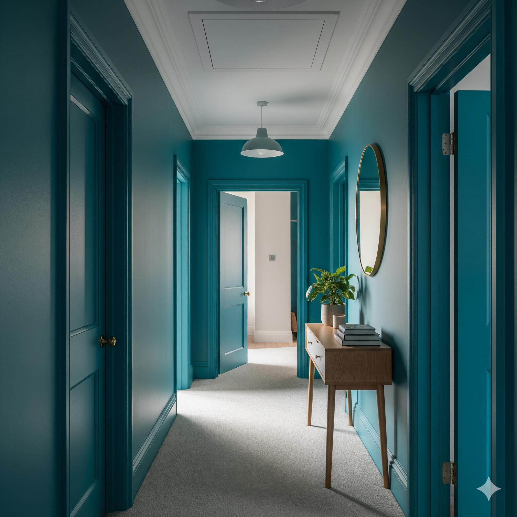 Colour Drenching Bright teal hallway with a console table, mirror, and potted plant. Natural light flows in.