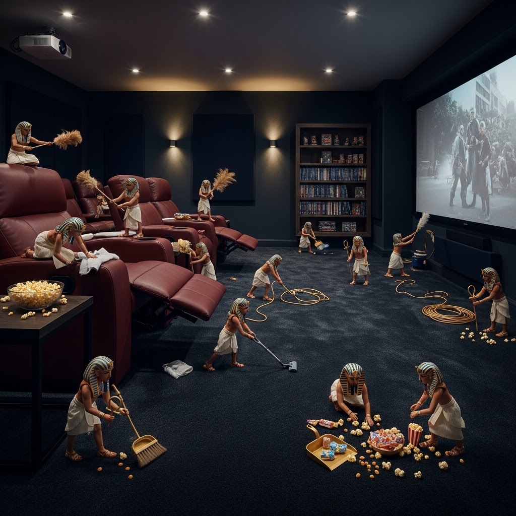 Home Cinema - Media Room A crowded home cinema with children playing and cleaning around plush seating.