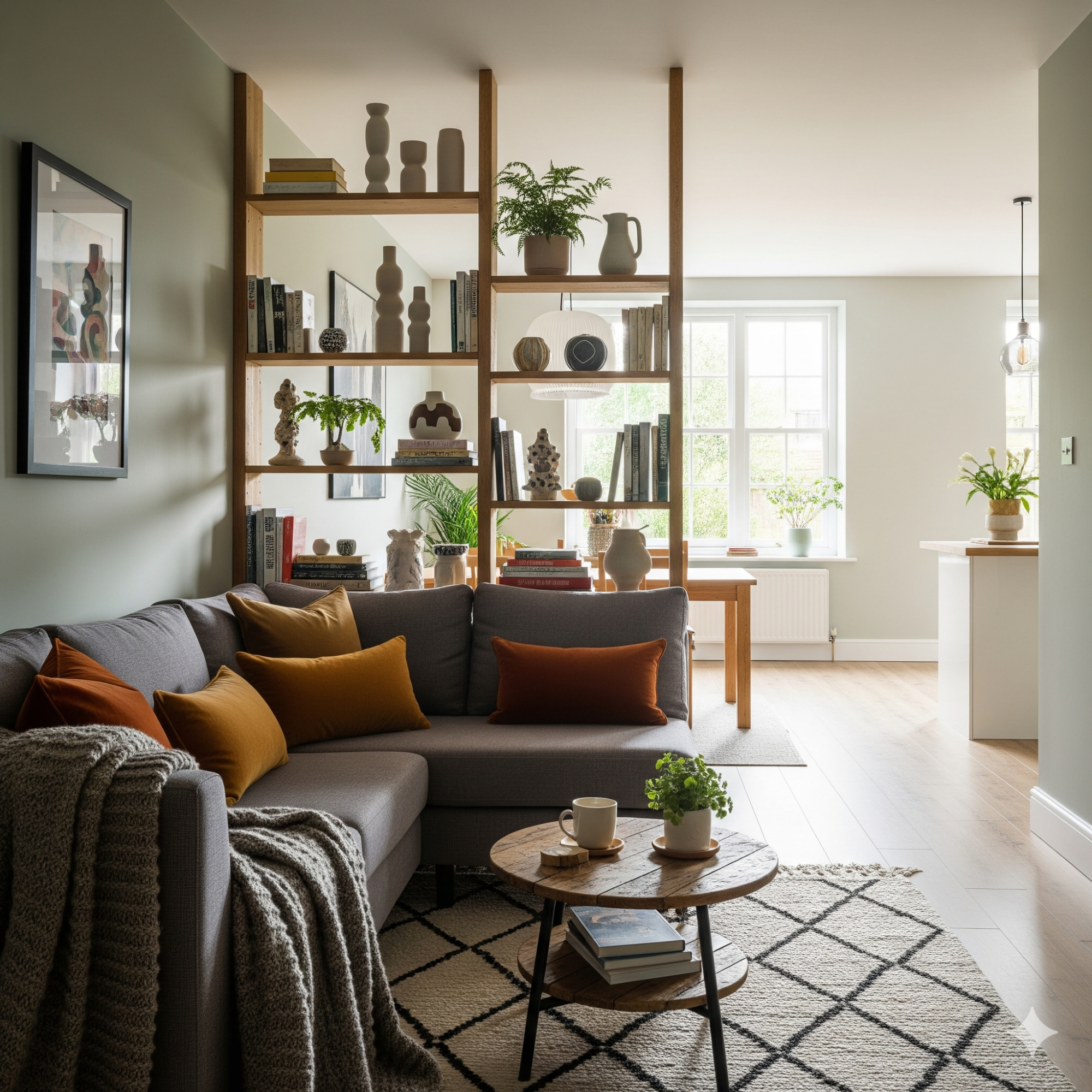 Broken-Plan Living Modern living room with a grey sofa, decorative shelves, plants, and warm accents.