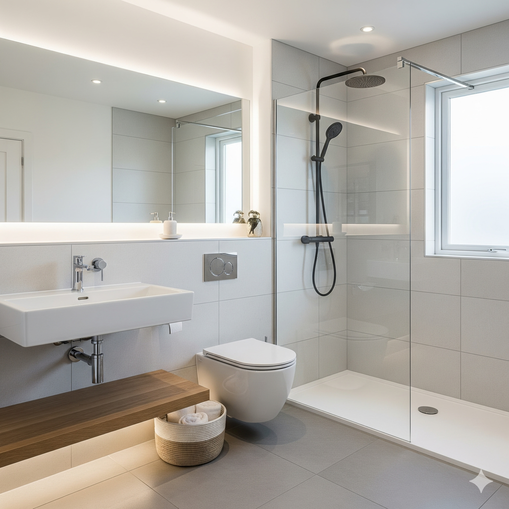 Modern & Minimalist Modern bathroom with a shower, wall-mounted sink, and wooden bench. Bright and minimalistic design.