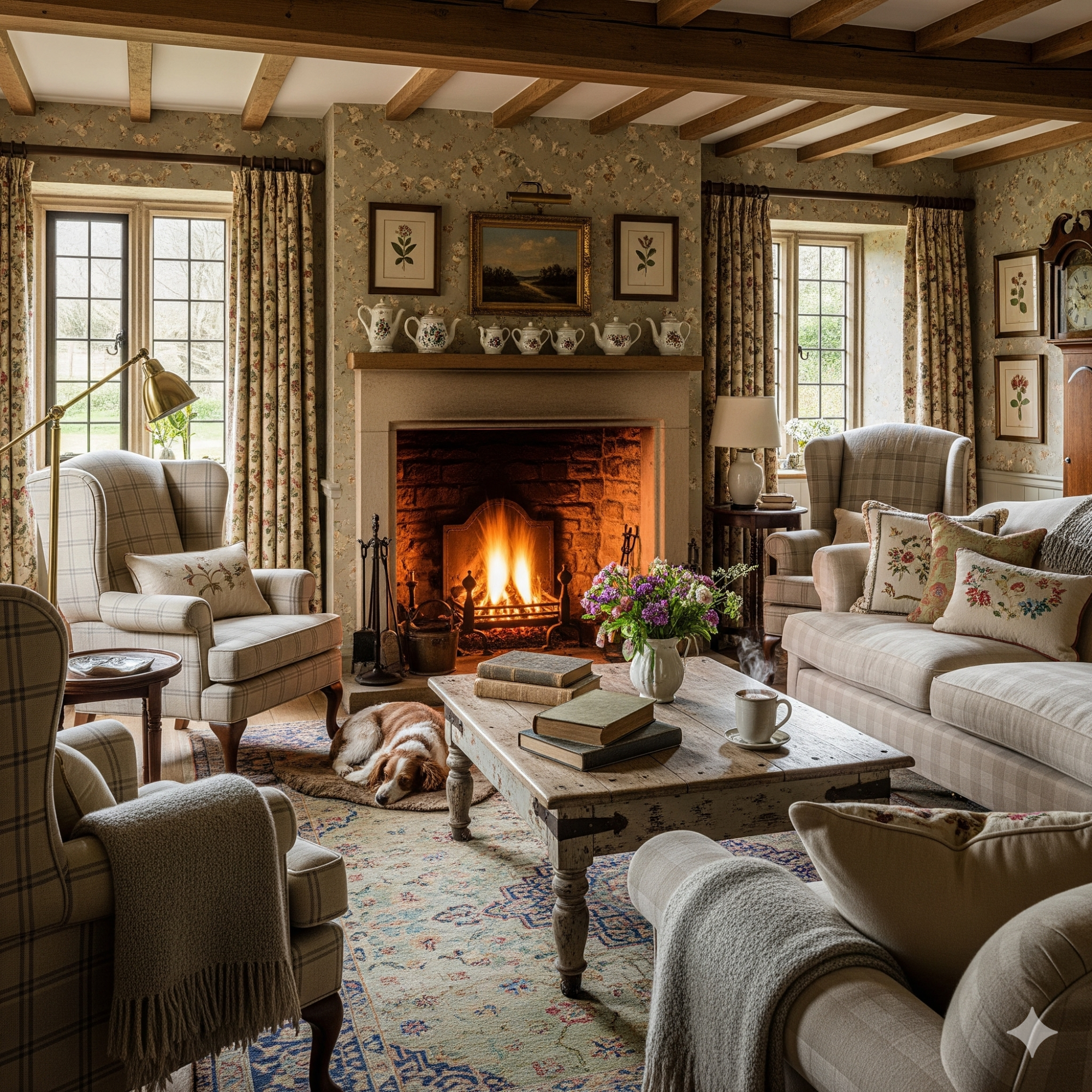 English Country Cottage Cozy living room with a fireplace, comfortable seating, and floral decor.