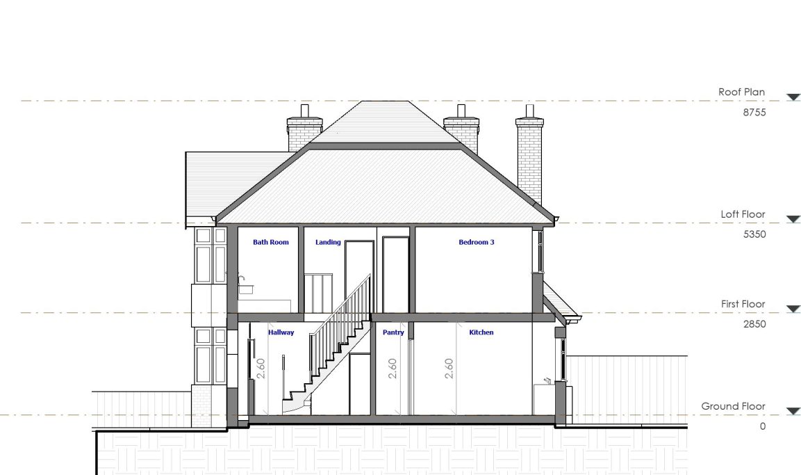 Existing Section Cross-section of a house showing rooms, staircases, and architectural details.