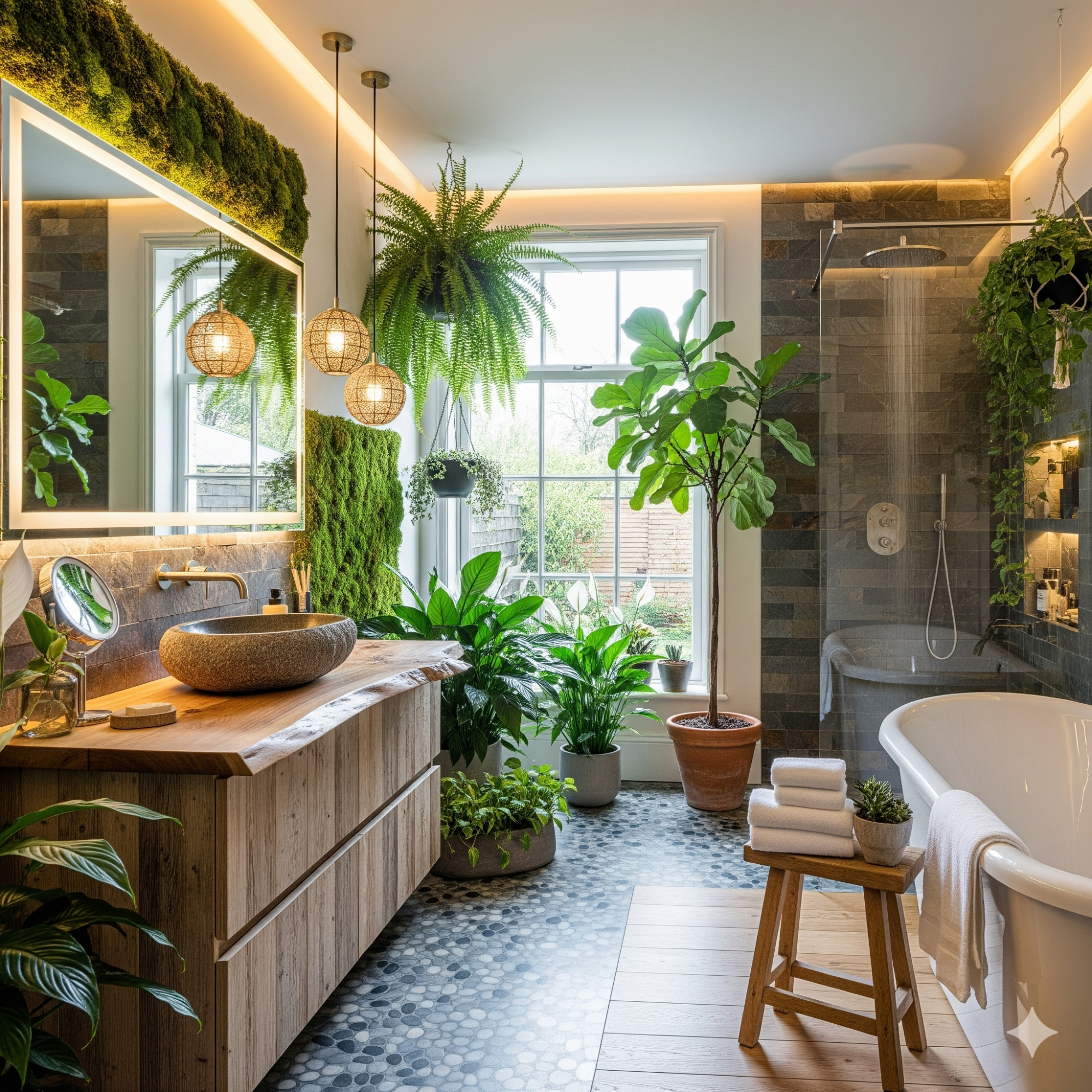 Biophilic Design Luxurious bathroom featuring plants, a bathtub, and a wooden vanity with elegant lighting.