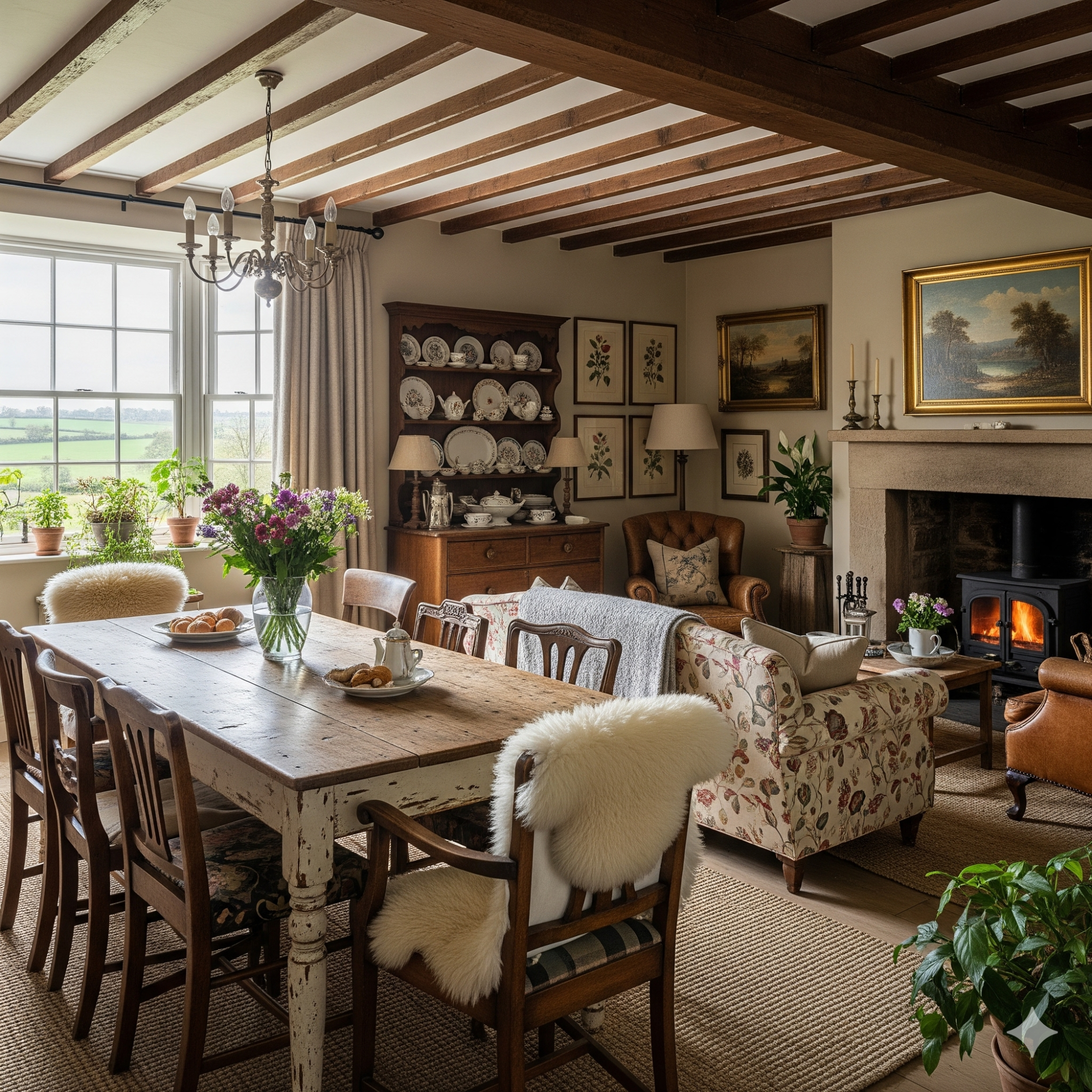 English Country & Farmhouse Cozy rustic living room with a dining table, fireplace, and floral decor.