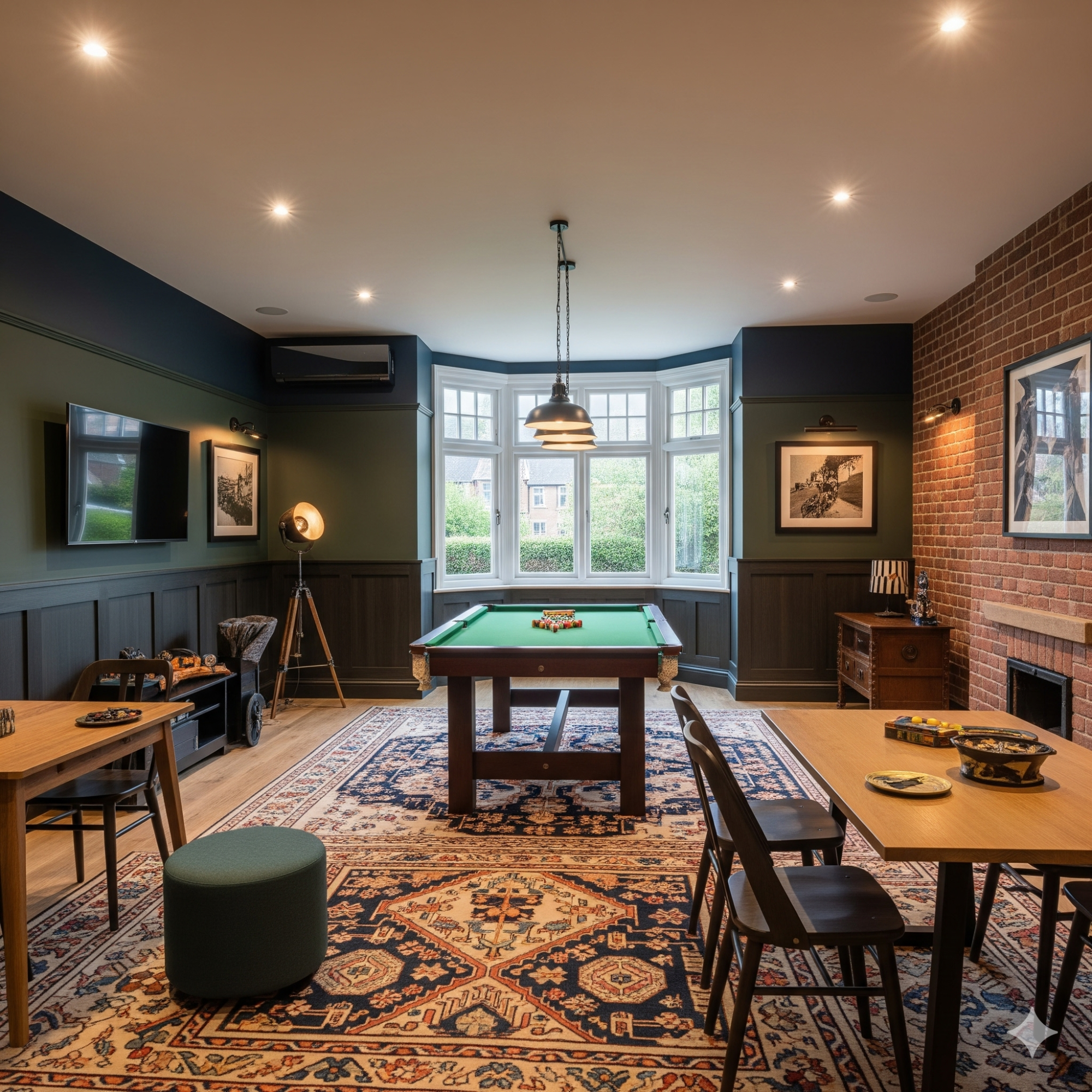 The "Man Cave" or "She Shed" A cosy games room with a pool table, seating, and warm lighting.