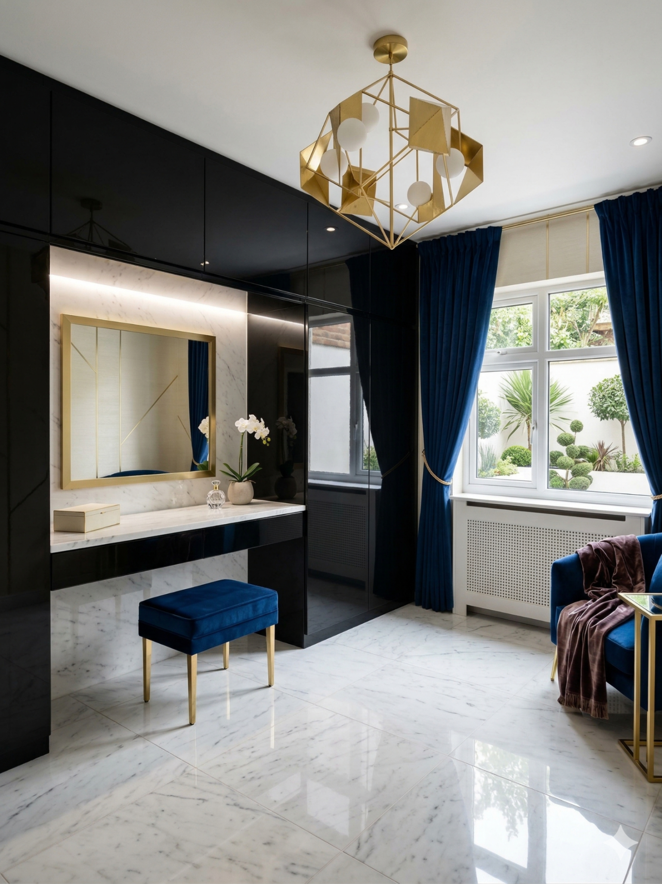 Contemporary Luxury Modern interior featuring a marble floor, blue curtains, a stylish chandelier, and a vanity area.
