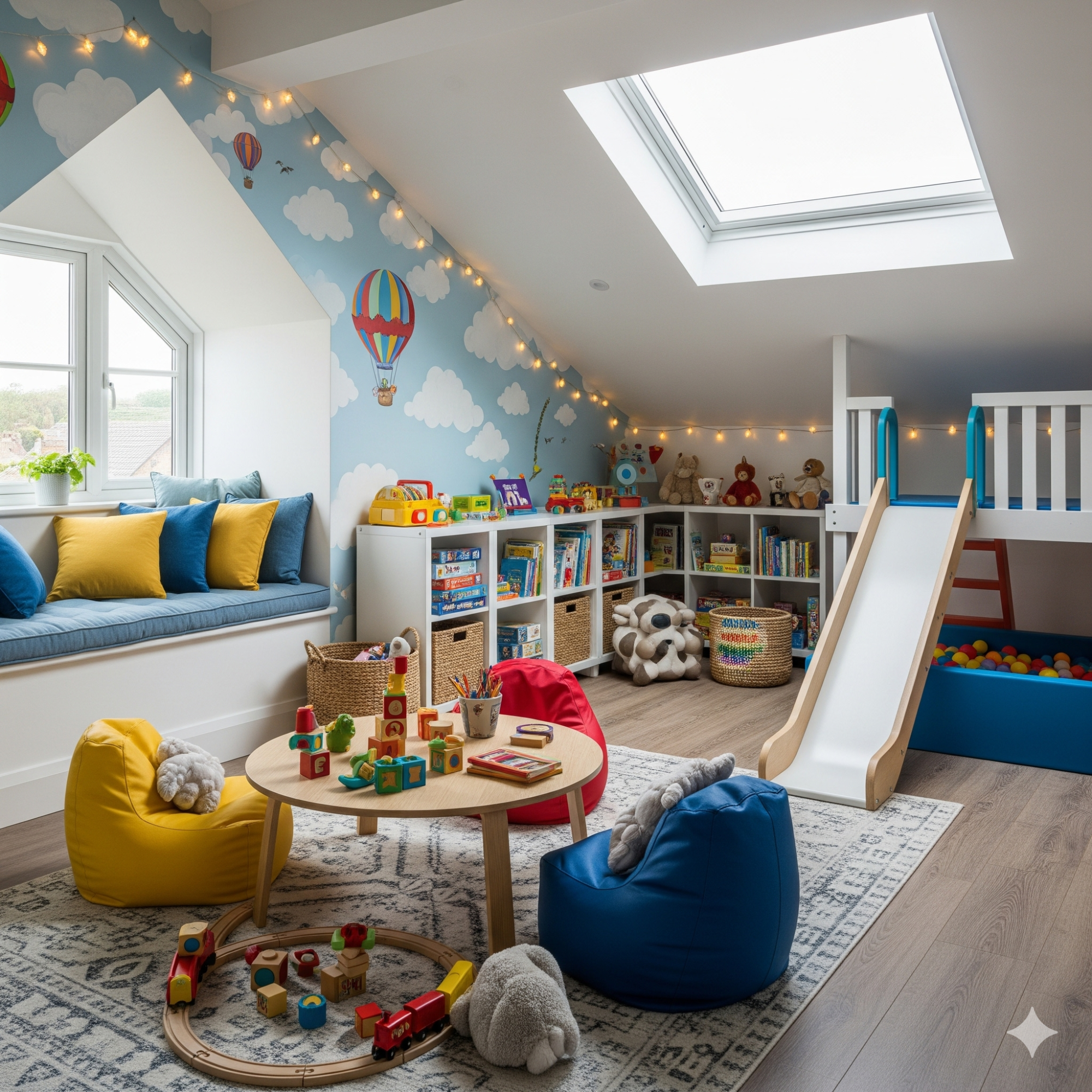 Playroom Bright and playful children's playroom with toys, a slide, and cozy seating.