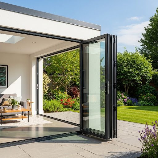 Modern garden room with large windows, surrounded by greenery and blooming flowers.