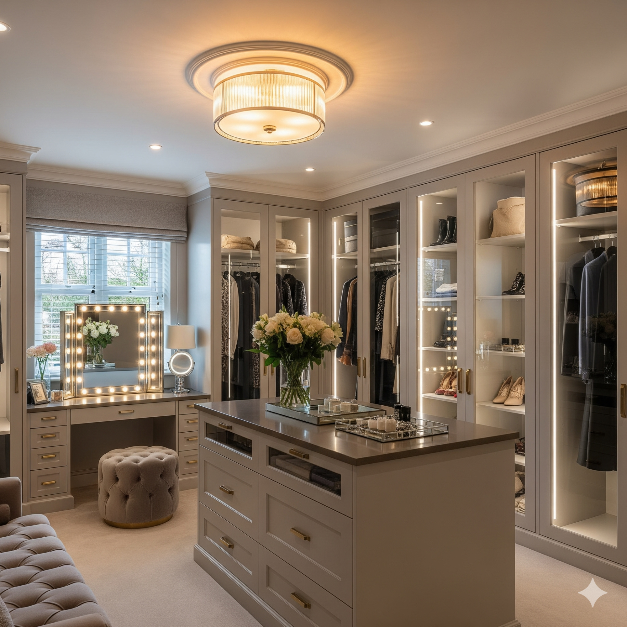Layered Lighting Spacious, well-lit dressing room featuring a stylish vanity, storage, and floral arrangement.
