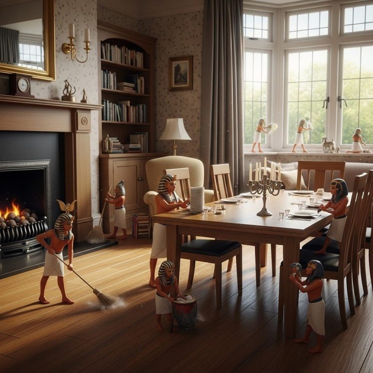 UK Dining Room A whimsical dining room scene with small characters engaging in various activities.