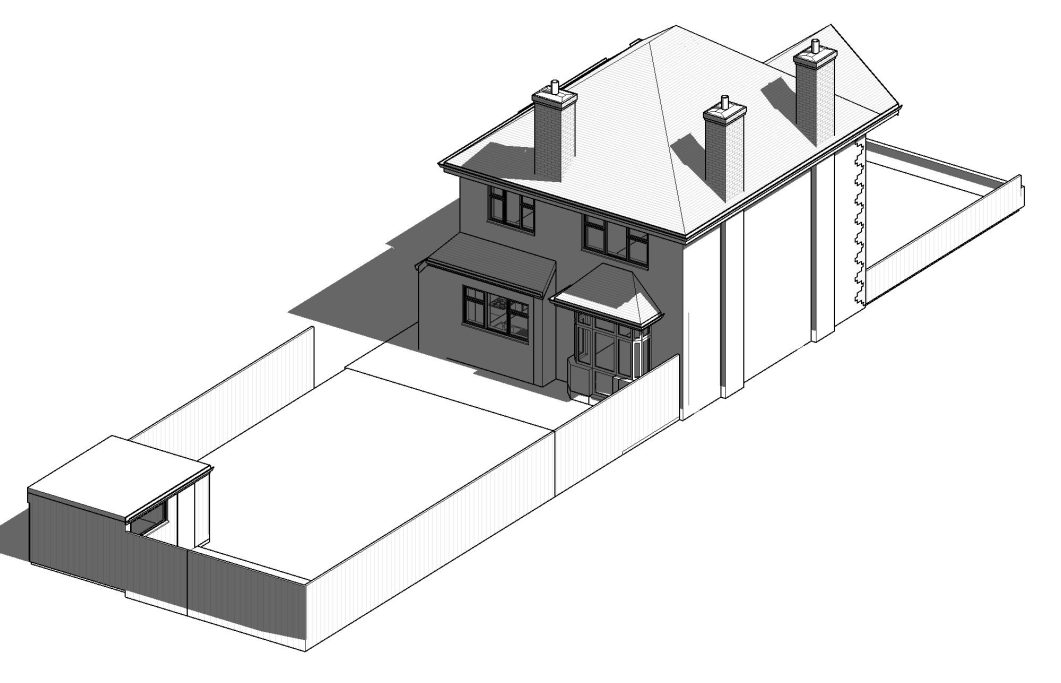 Existing 3D view 02 3D architectural sketch of a house with a garden and fence.