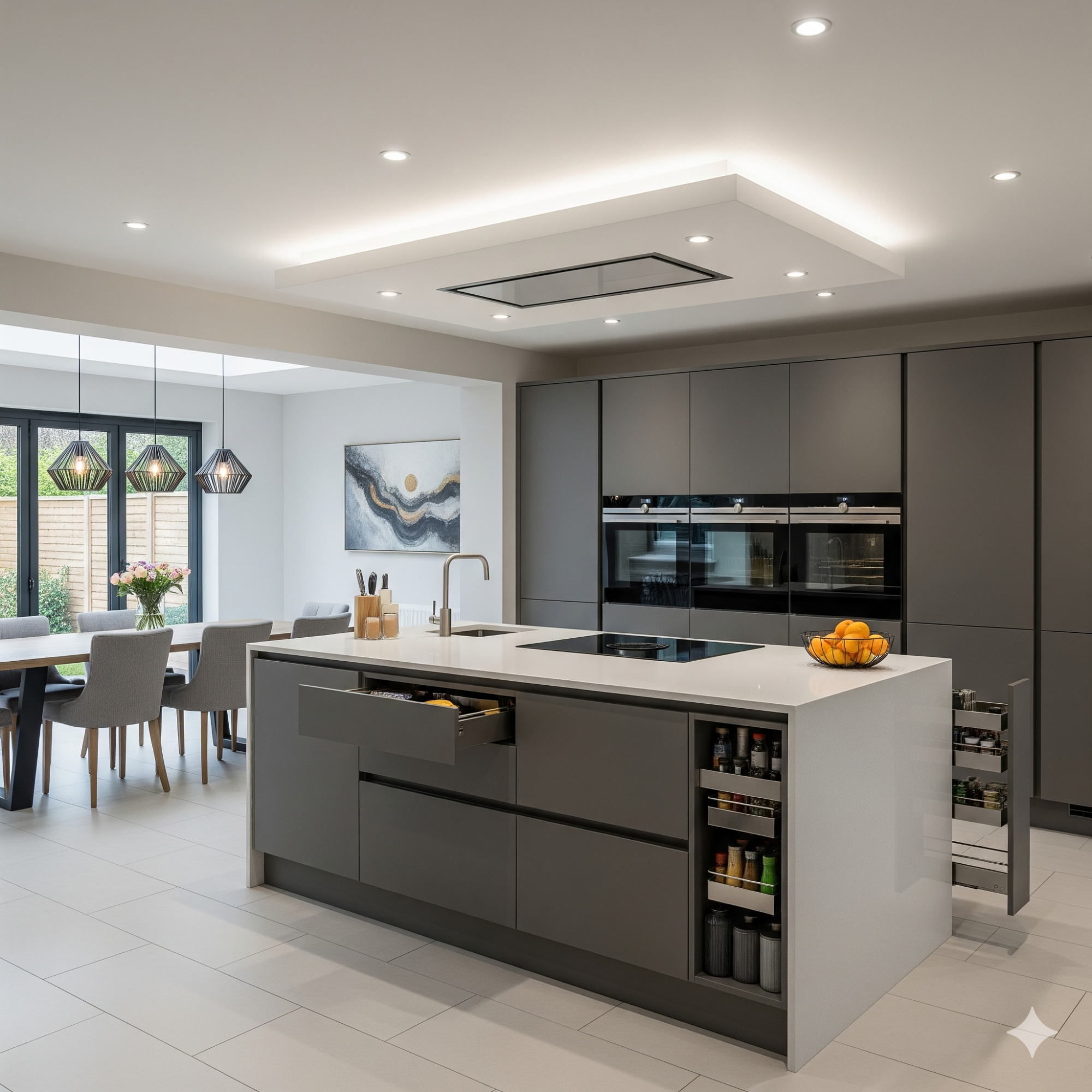 Smart Storage Modern kitchen with grey cabinets, island unit, and a dining area with natural light.