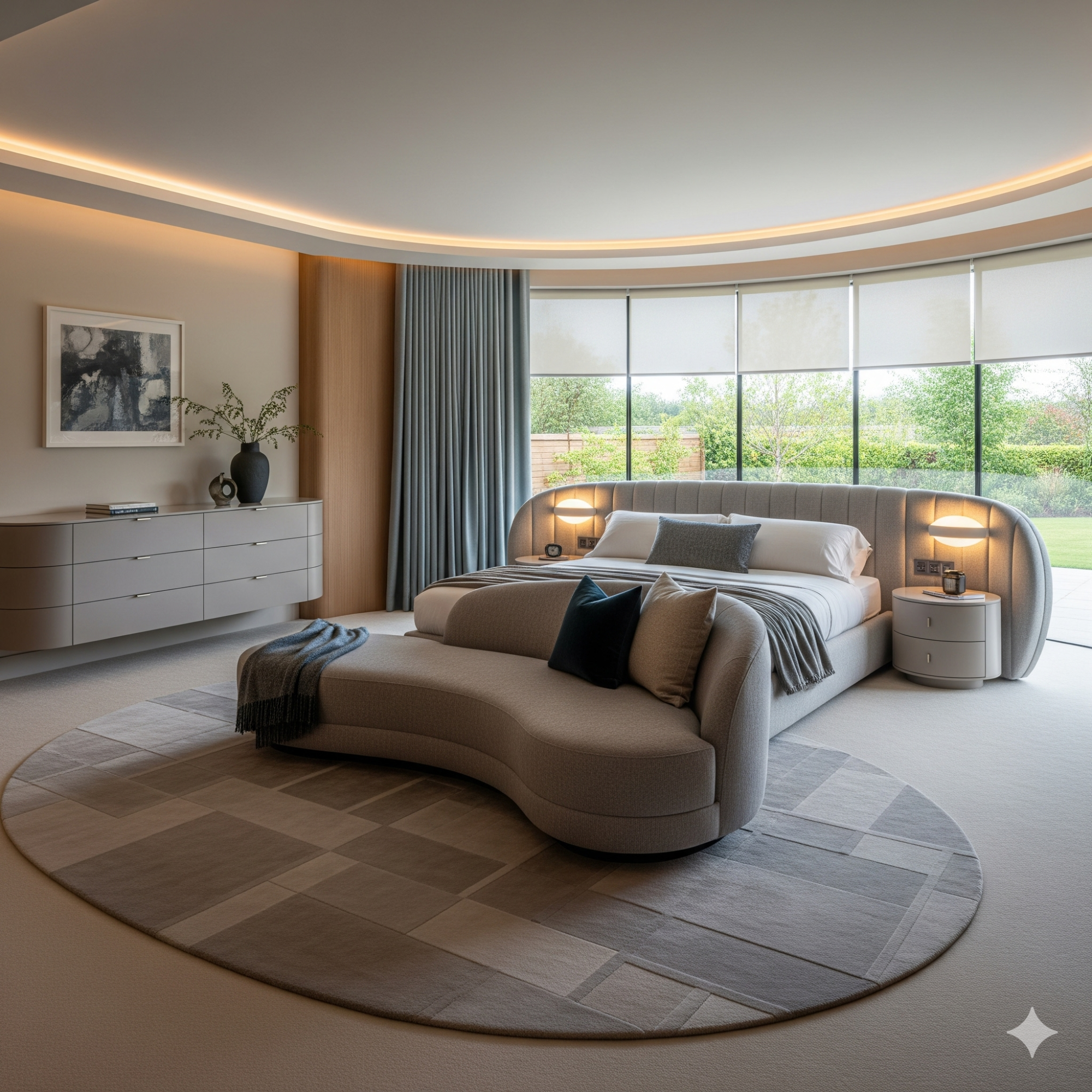 Curved Furniture Modern bedroom with curved sofa, elegant decor, and large windows overlooking greenery.
