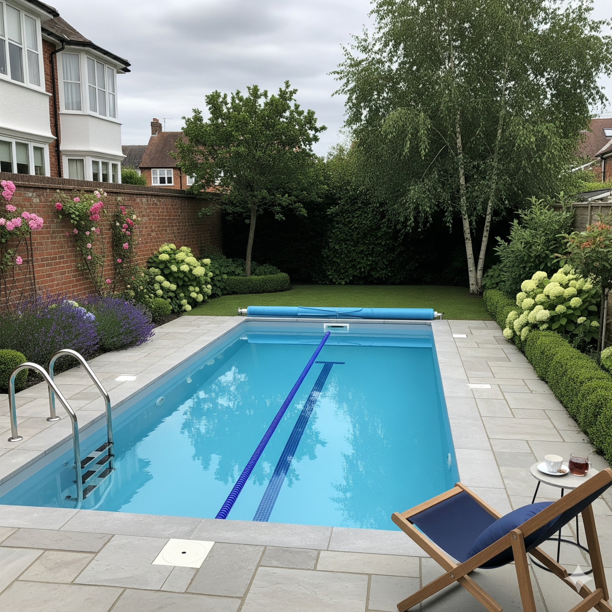 Compact Plunge Pool - Lap Pool Garden featuring a swimming pool, surrounded by greenery and flowers, with a chaise lounge.