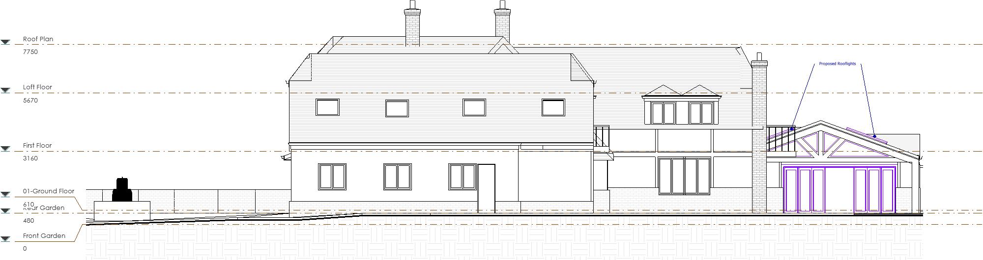 Proposed Side Elevation Elevation drawing of a two-storey house with a modern extension.