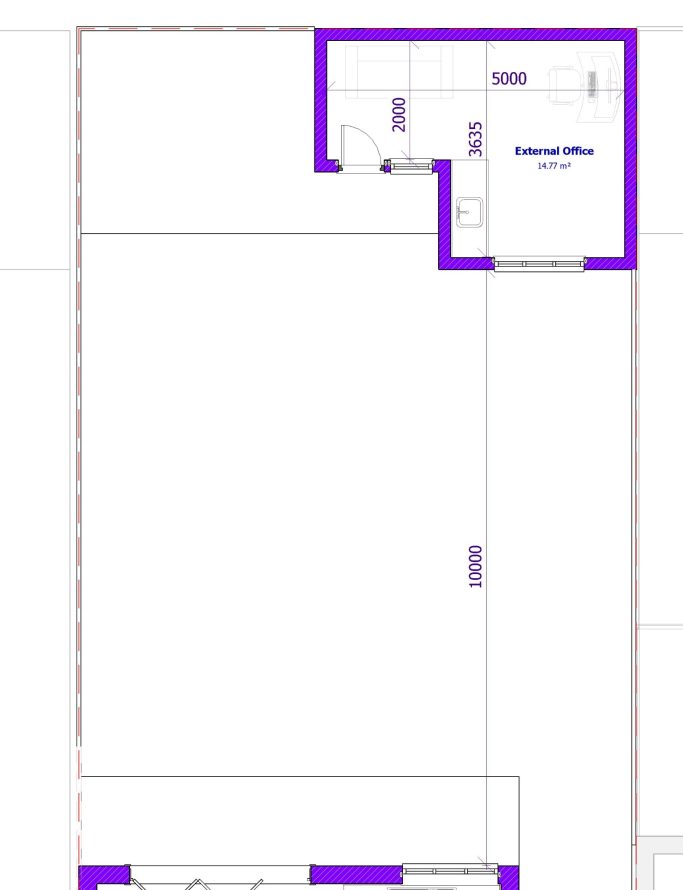 Proposed Garden Annex Floor plan with distinct areas outlined in purple, showing room dimensions and layout.