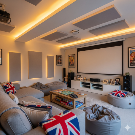 UK home cinema A stylish home cinema with British-themed cushions and ambient lighting.
