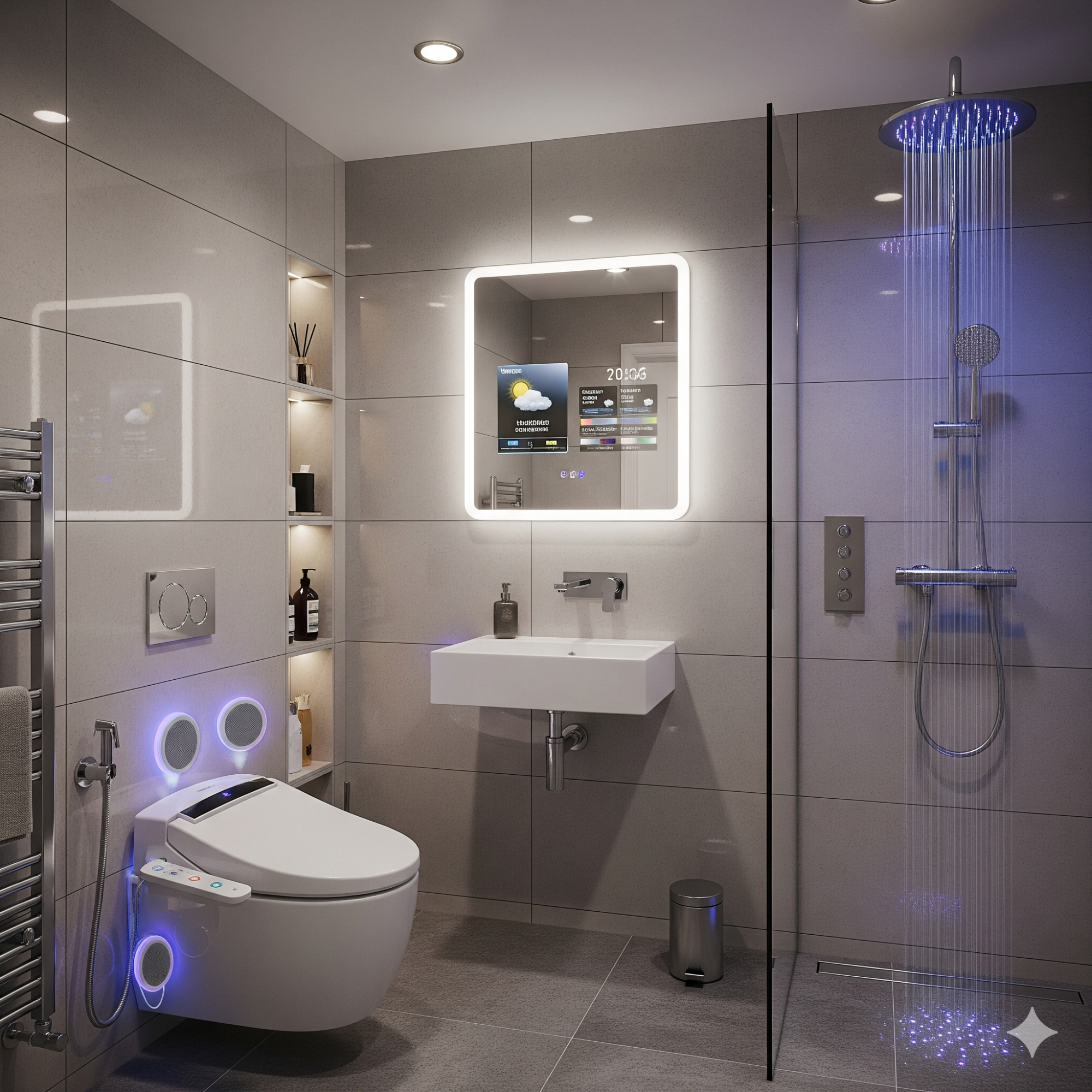 Smart Technology Modern bathroom featuring a shower, toilet, and illuminated mirror with sleek design.