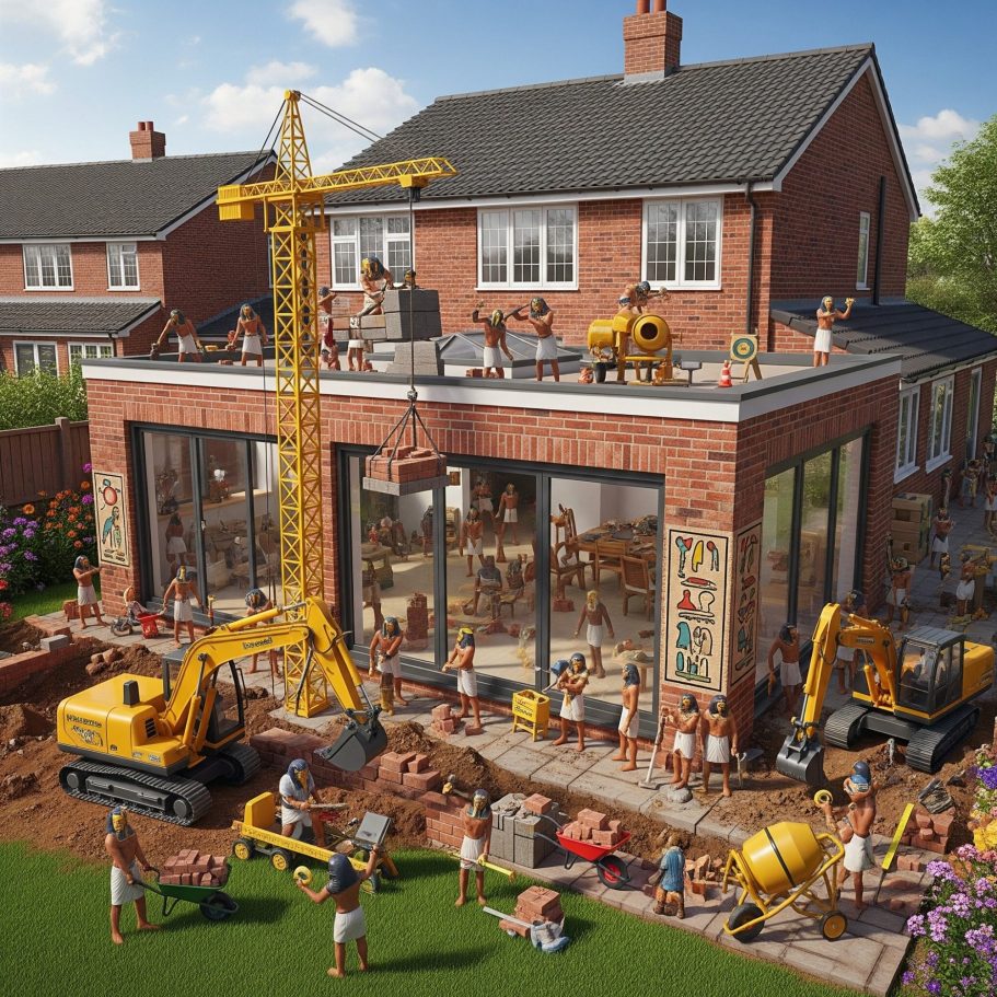 price of single storey extension Two-storey red brick house with a grey roof and front steps.