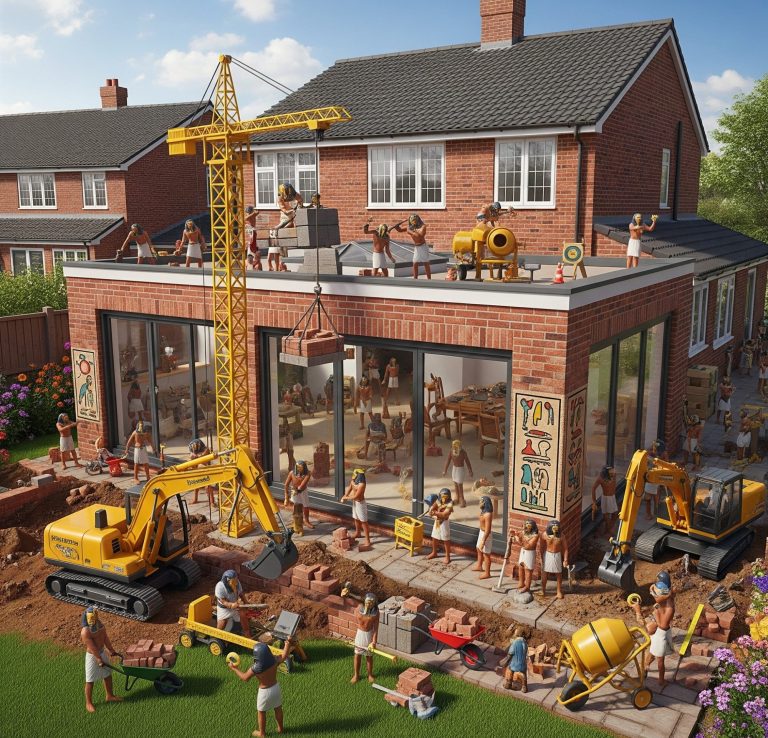 Wraparound Extension Construction site of a modern brick house with machinery and workers outside.