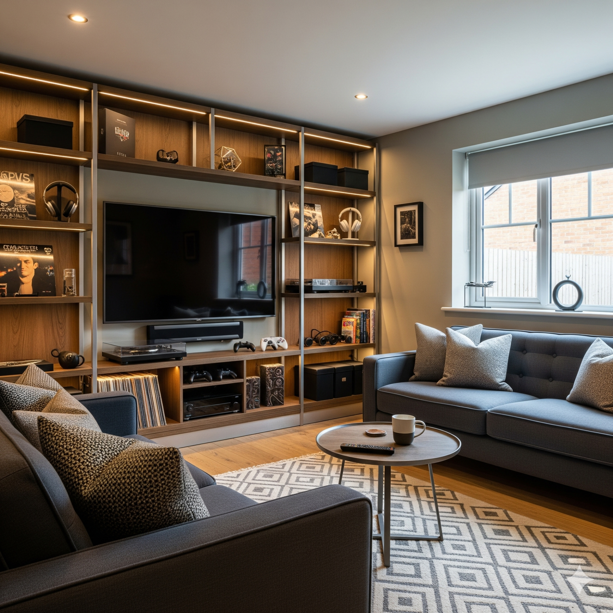 The Modern Media Modern living room with two sofas, a coffee table, and an entertainment unit.