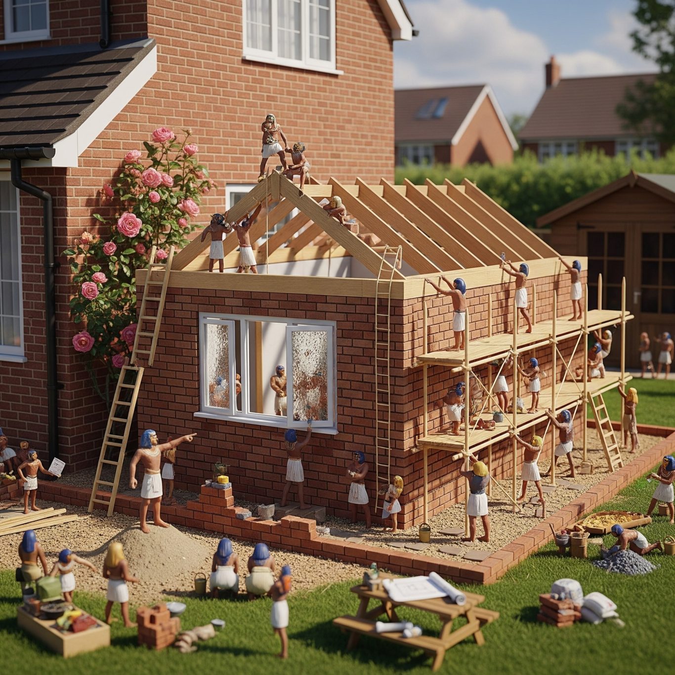 Single Storey Side Extension A miniature construction scene of a house, with small figures building its framework.