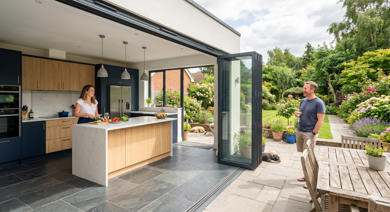 Bi-fold Doors Modern kitchen with open doors to a garden, woman preparing food, and a man standing outside.