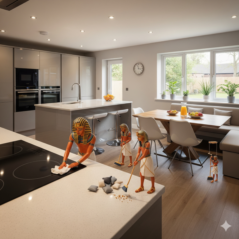 UK home Bright & Airy Living Room Three dolls are cleaning a modern kitchen with an island and a dining area.