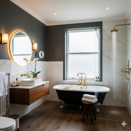 UK en-suite Stylish modern bathroom with a freestanding bath, elegant fixtures, and a round mirror.