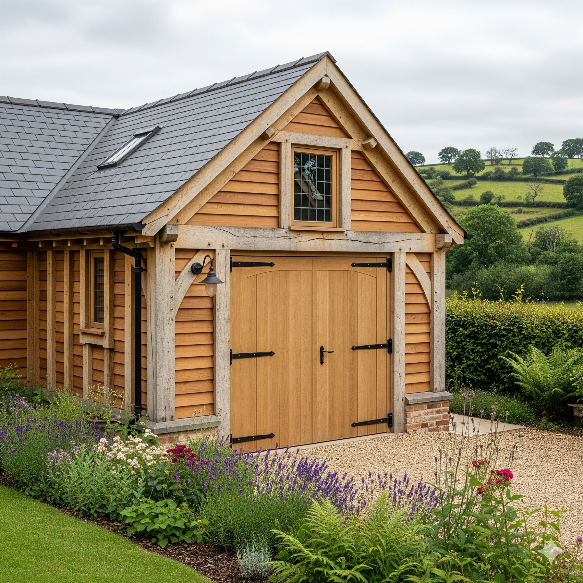 Rustic Oak-Framed A wooden garage with a sloped roof, surrounded by colourful flowers and greenery.