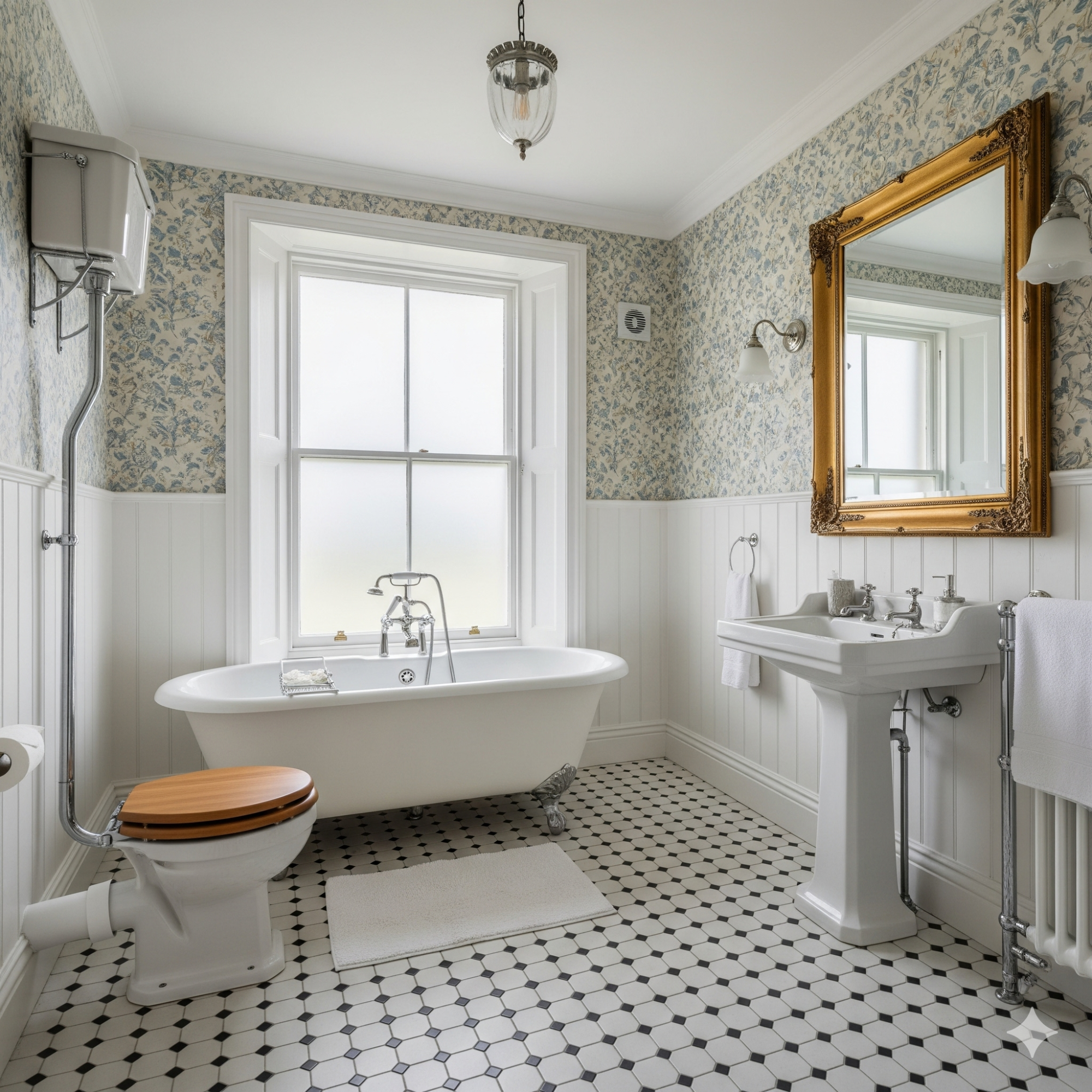 Classic & Traditional Elegant bathroom with a freestanding bath, vintage tiles, and a large mirror.