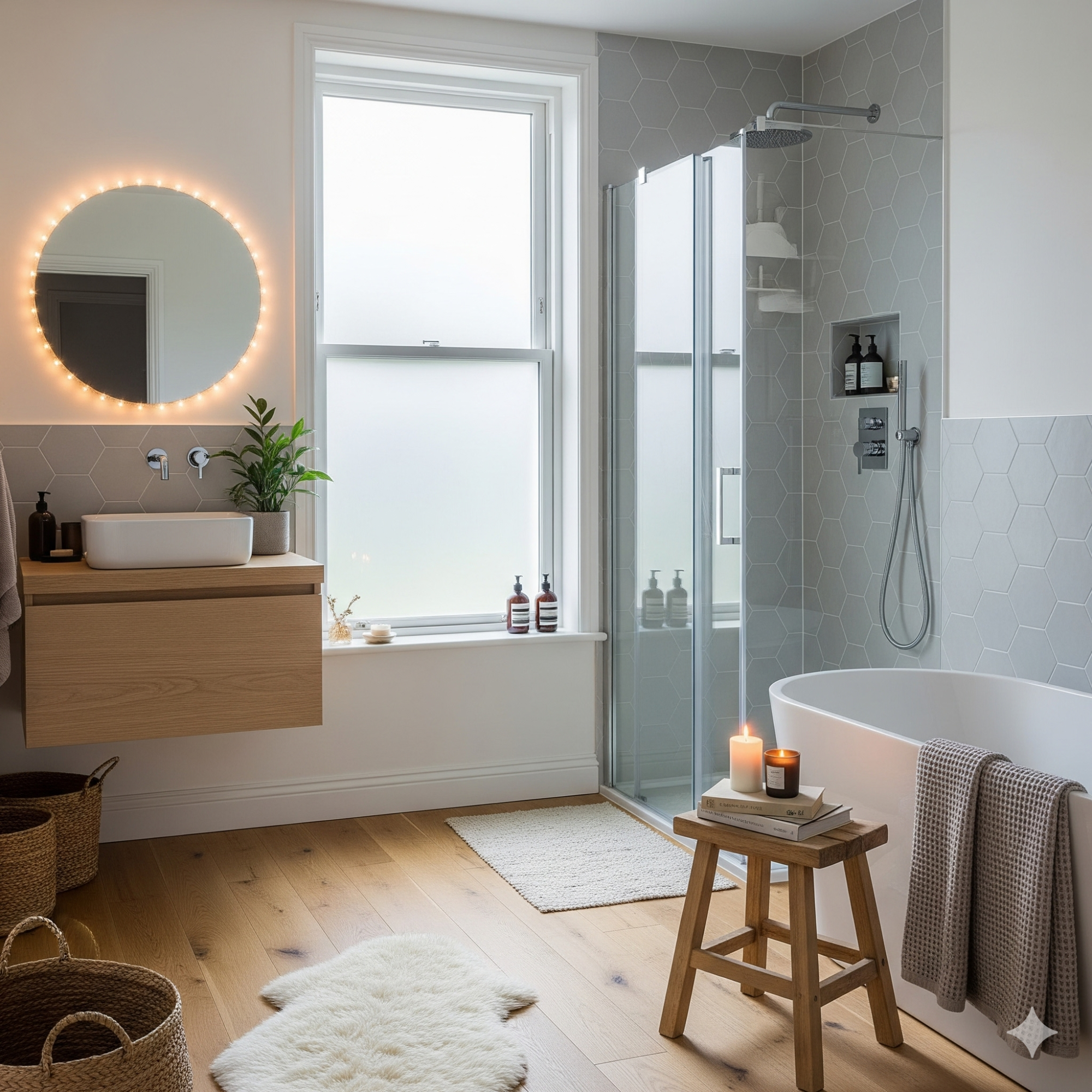 Hygge Scandinavian Modern bathroom featuring a shower, bathtub, wooden accents, and a round mirror.