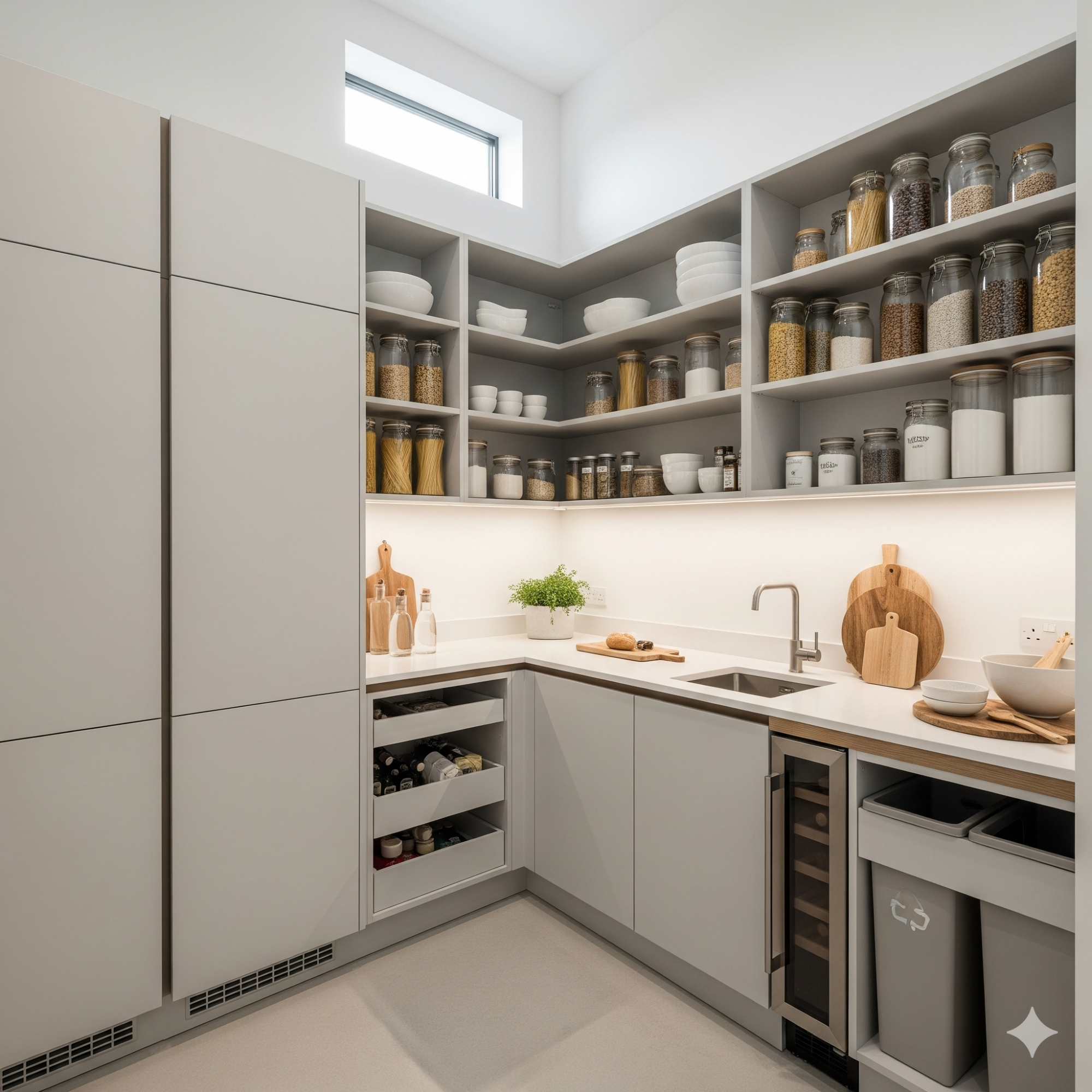 Modern Minimalist Pantry Cabinet Modern kitchen with grey cabinetry, open shelves, and neatly arranged jars and utensils.
