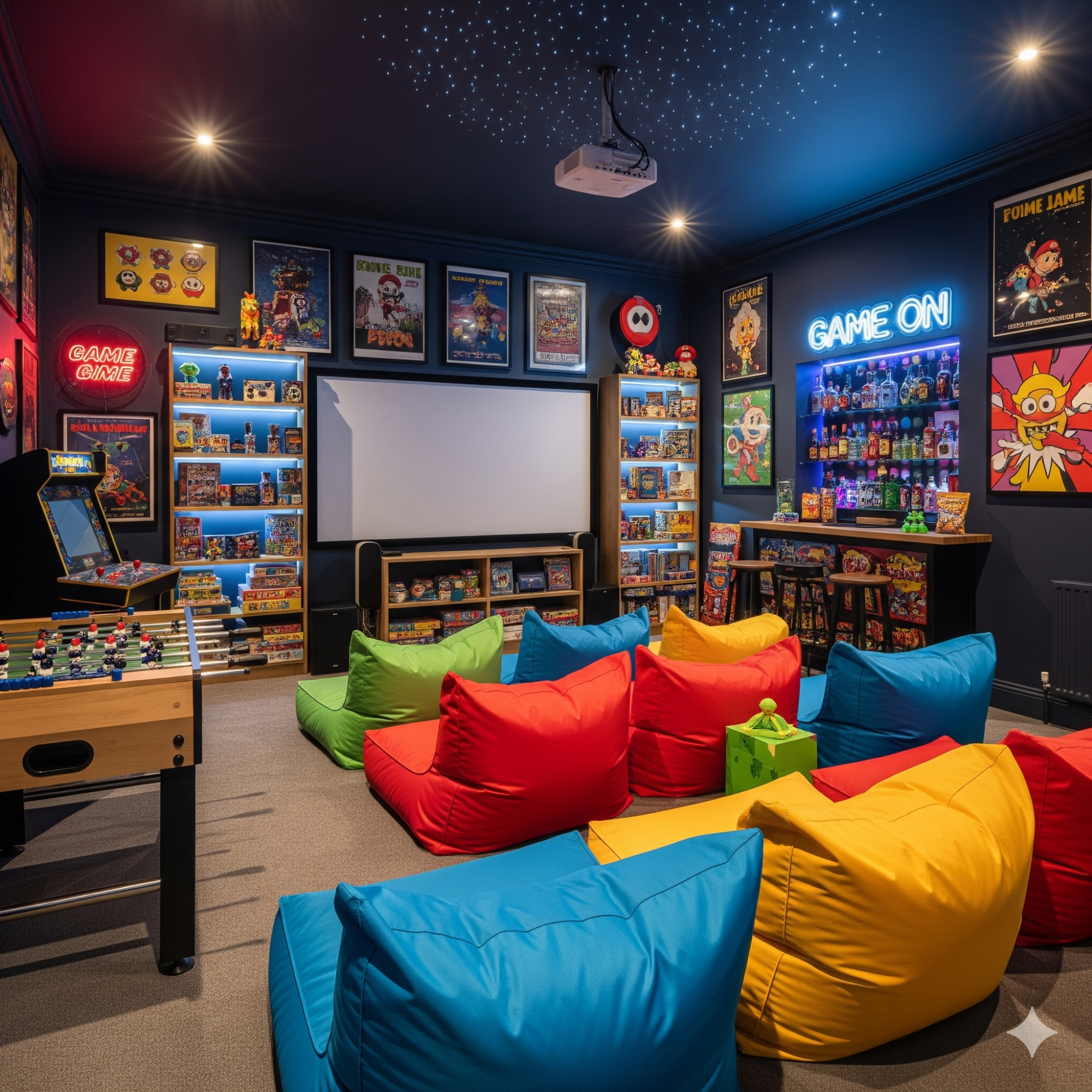 Fun & Eclectic Games A vibrant game room with bean bags, a projector, and colourful wall decorations.